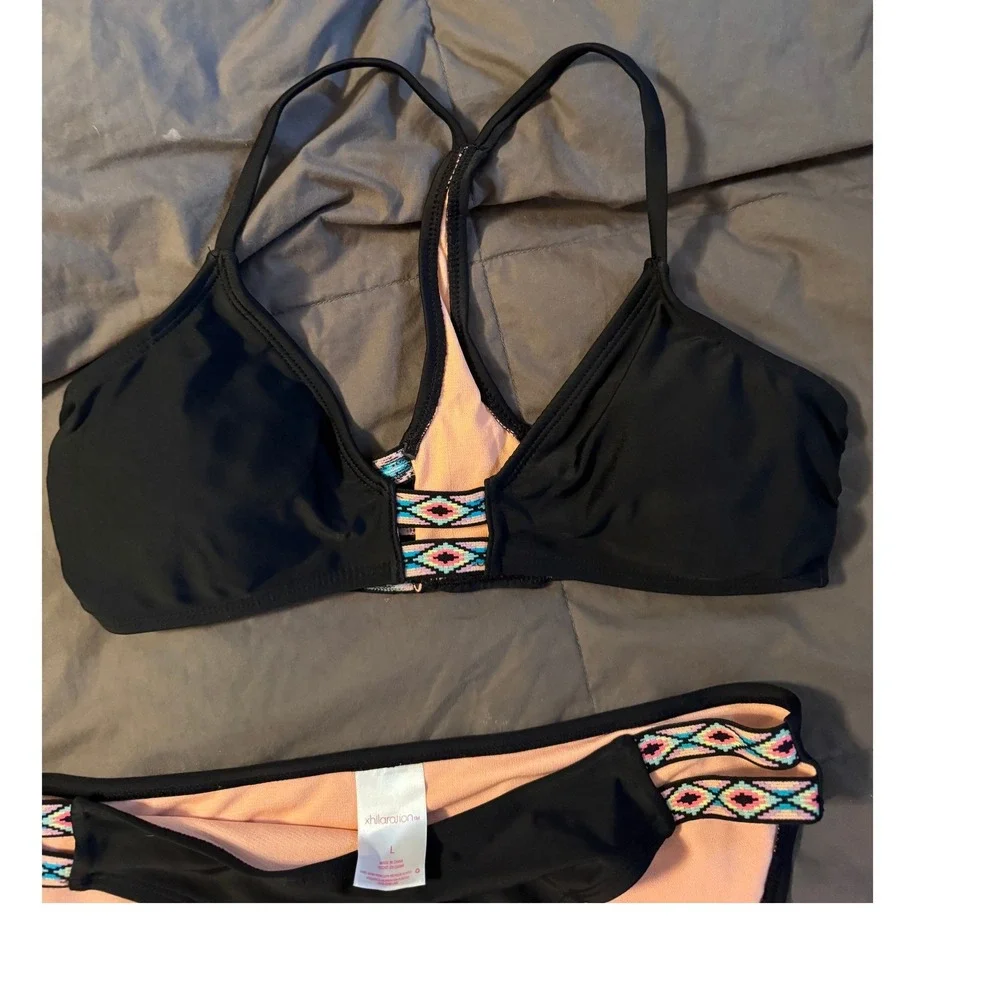 Xhilaration Black Bikini Set Embroidered Strappy Racerback Top M Bottoms L